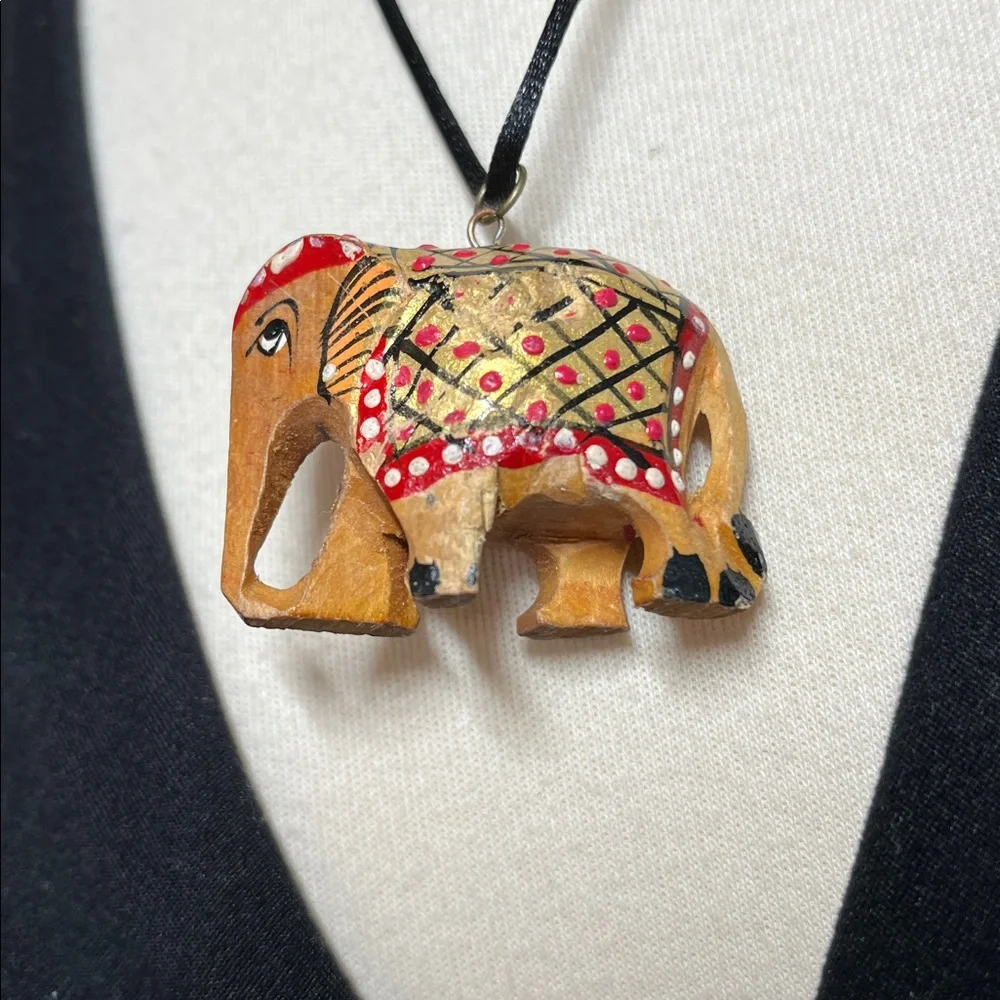 Hand Carved Wooden Elephant Pendant Necklace 18” Black Cord Boho Artisan India